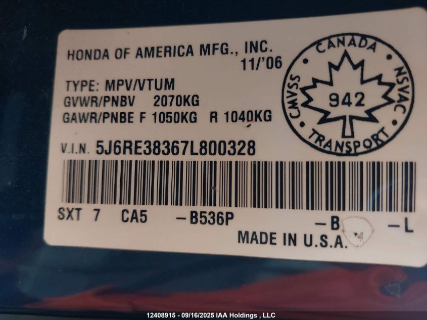 2007 Honda Cr-V VIN: 5J6RE38367L800328 Lot: 12408915