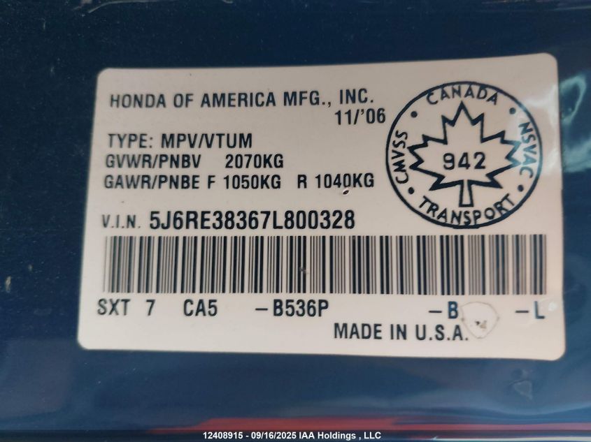 2007 Honda Cr-V VIN: 5J6RE38367L800328 Lot: 12408915