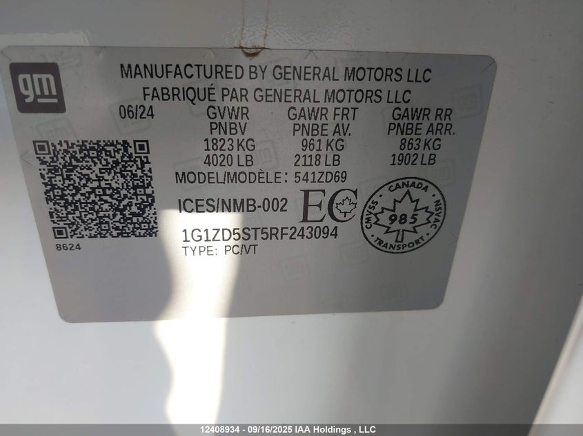 2024 Chevrolet Malibu Lt VIN: 1G1ZD5ST5RF243094 Lot: 12408934