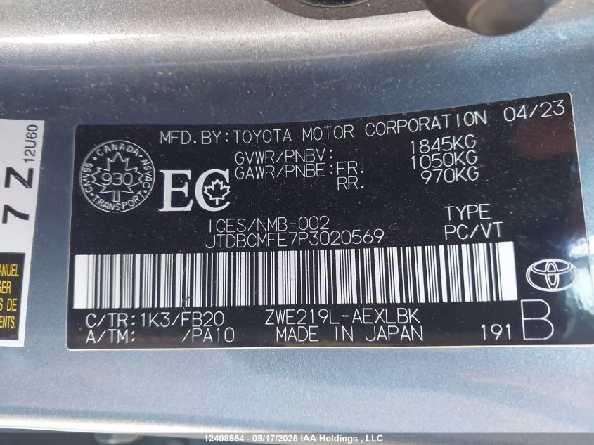 2023 Toyota Corolla Le/Se/Xle VIN: JTDBCMFE7P3020569 Lot: 12408954