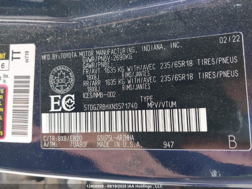 2022 Toyota Highlander Xle VIN: 5TDGZRBHXNS571740 Lot: 12408959