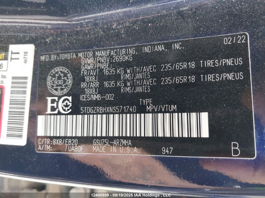 2022 Toyota Highlander Xle VIN: 5TDGZRBHXNS571740 Lot: 12408959