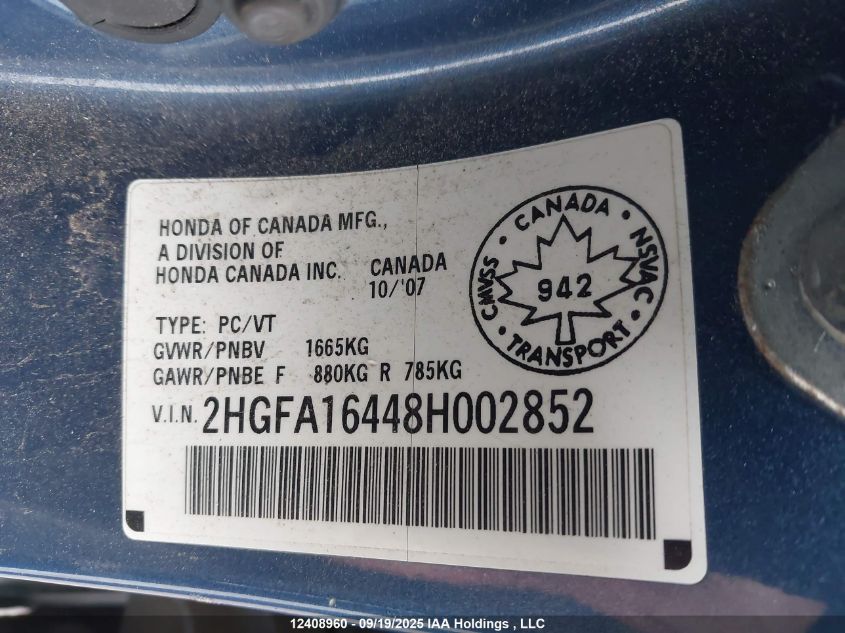 2008 Honda Civic Dx-G VIN: 2HGFA16448H002852 Lot: 12408960