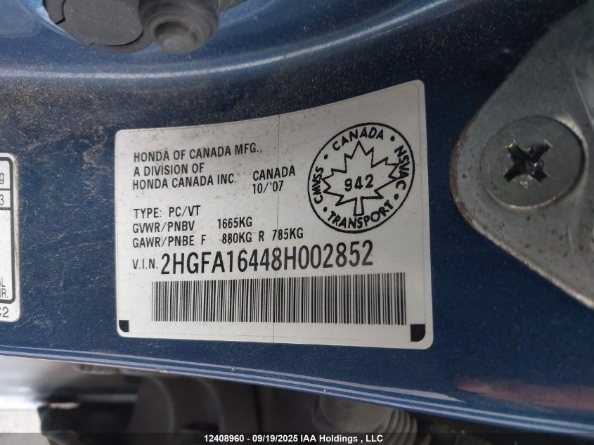 2008 Honda Civic Dx-G VIN: 2HGFA16448H002852 Lot: 12408960