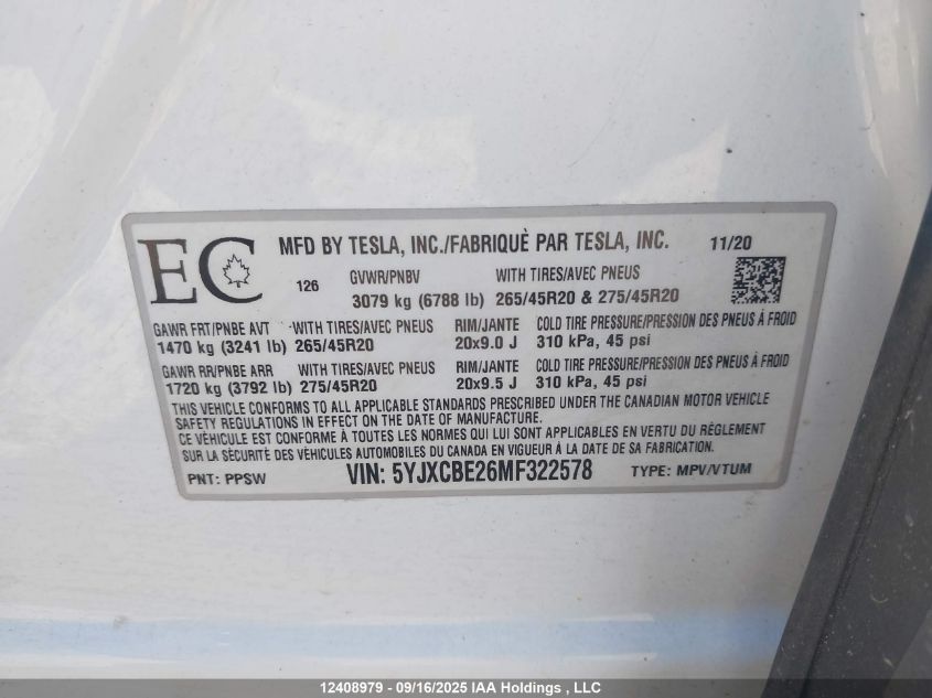2021 Tesla Model X VIN: 5YJXCBE26MF322578 Lot: 12408979
