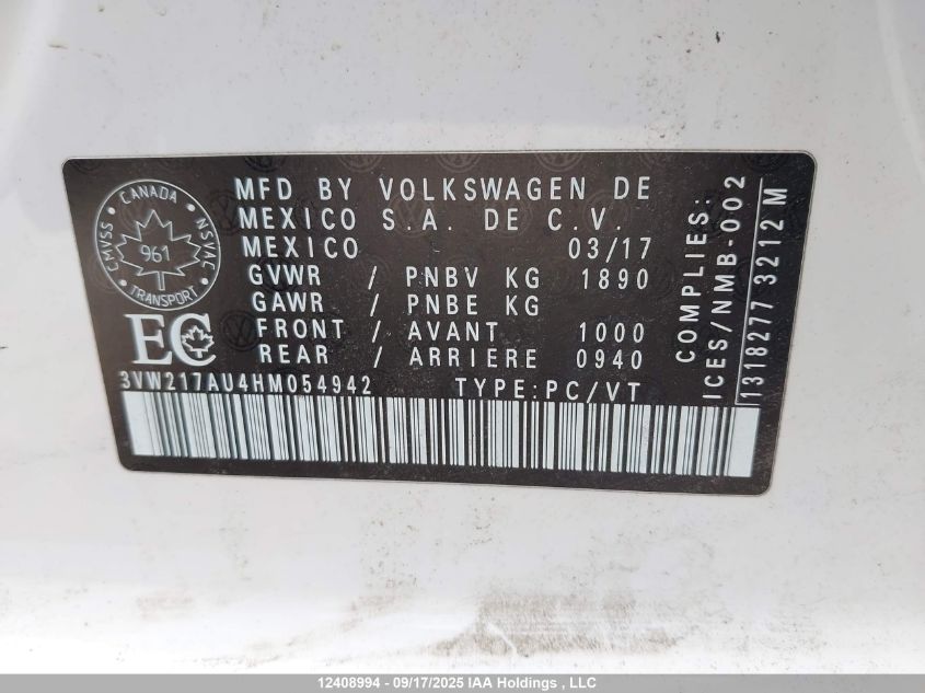 2017 Volkswagen Golf 1.8 Tsi Comfortline/1.8 Tsi Highline/1.8 Tsi Trendline VIN: 3VW217AU4HM054942 Lot: 12408994