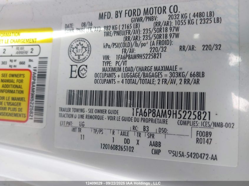 2017 Ford Mustang V6 VIN: 1FA6P8AM9H5225821 Lot: 12409029