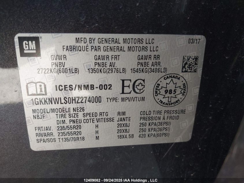 2017 GMC Acadia Slt-2 VIN: 1GKKNWLS0HZ274000 Lot: 12409082