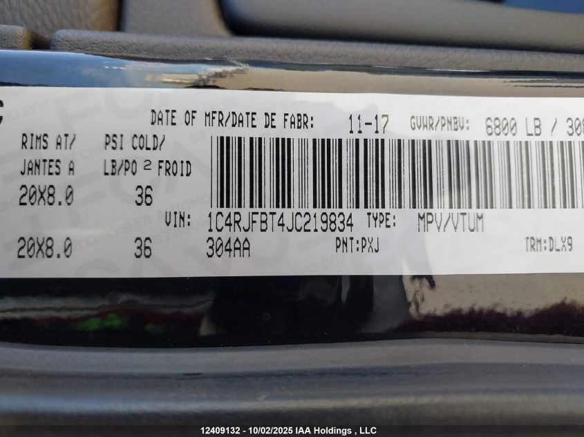 2018 Jeep Grand Cherokee Limited VIN: 1C4RJFBT4JC219834 Lot: 12409132