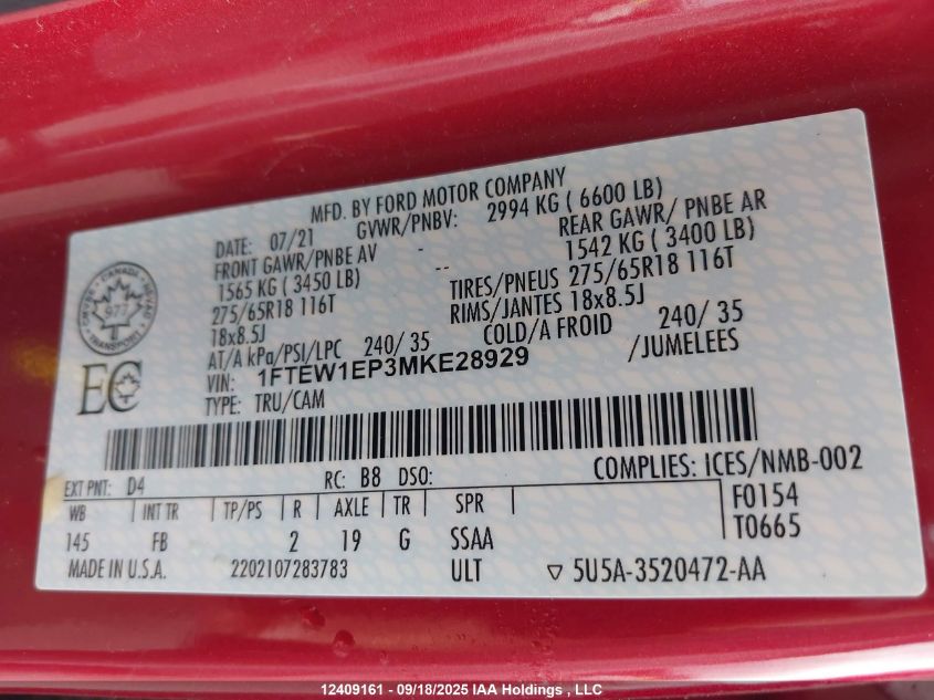 2021 Ford F-150 Xlt VIN: 1FTEW1EP3MKE28929 Lot: 12409161