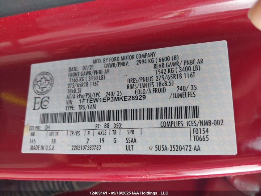 2021 Ford F-150 Xlt VIN: 1FTEW1EP3MKE28929 Lot: 12409161