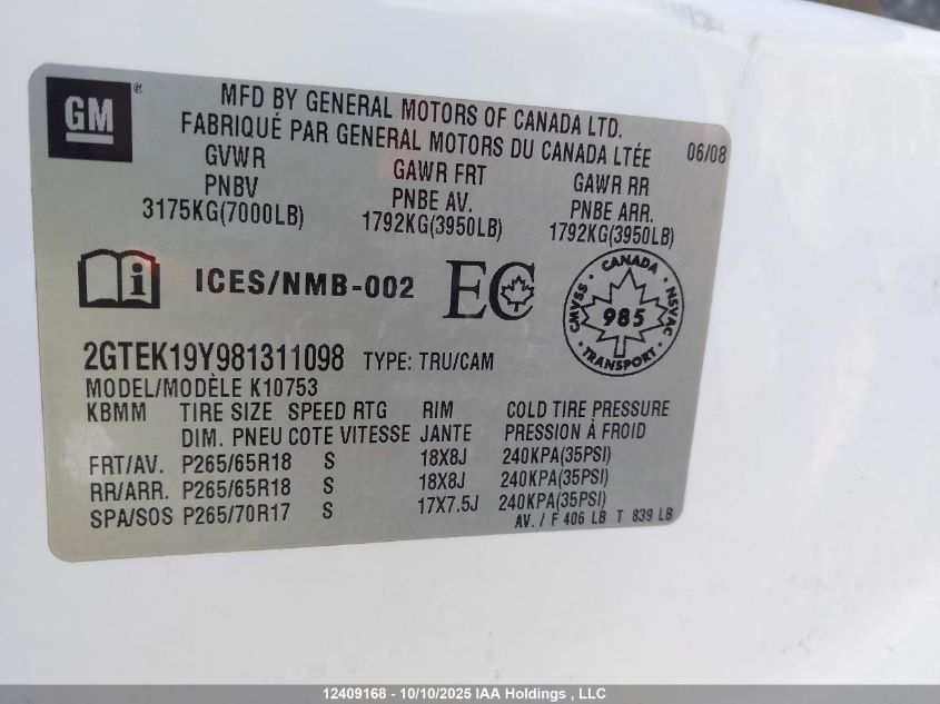 2008 GMC Sierra 1500 Sle/Slt VIN: 2GTEK19Y981311098 Lot: 12409168