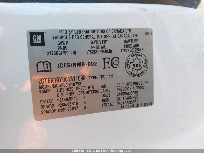 2008 GMC Sierra 1500 Sle/Slt VIN: 2GTEK19Y981311098 Lot: 12409168