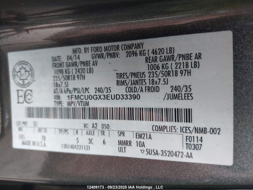 2014 Ford Escape Se VIN: 1FMCU0GX3EUD33390 Lot: 12409173