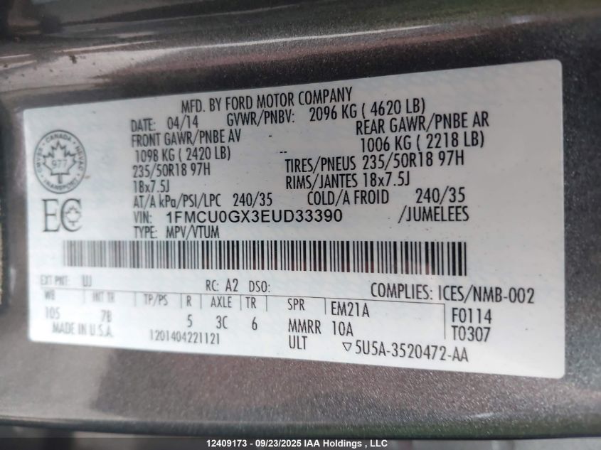 2014 Ford Escape Se VIN: 1FMCU0GX3EUD33390 Lot: 12409173