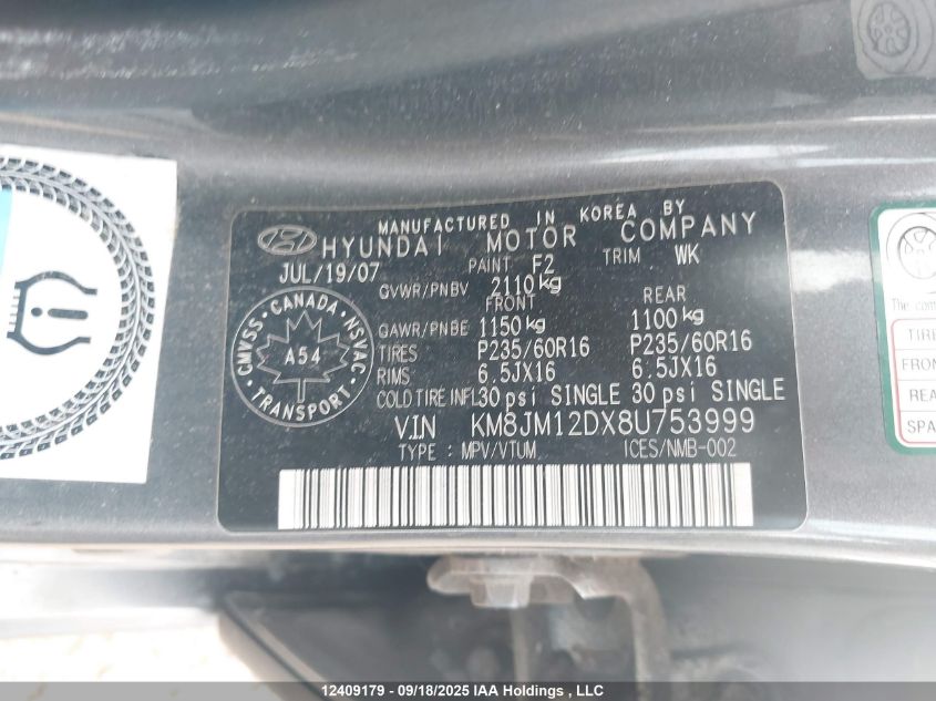 2008 Hyundai Tucson Gl V6/Limited VIN: KM8JM12DX8U753999 Lot: 12409179