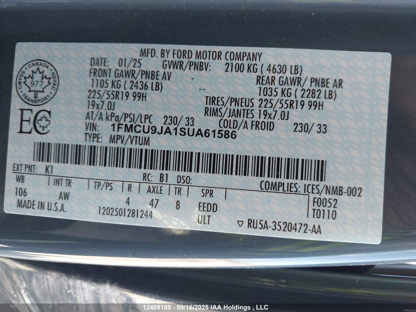 1FMCU9JA1SUA61586 2025 FORD ESCAPE photo no. 9