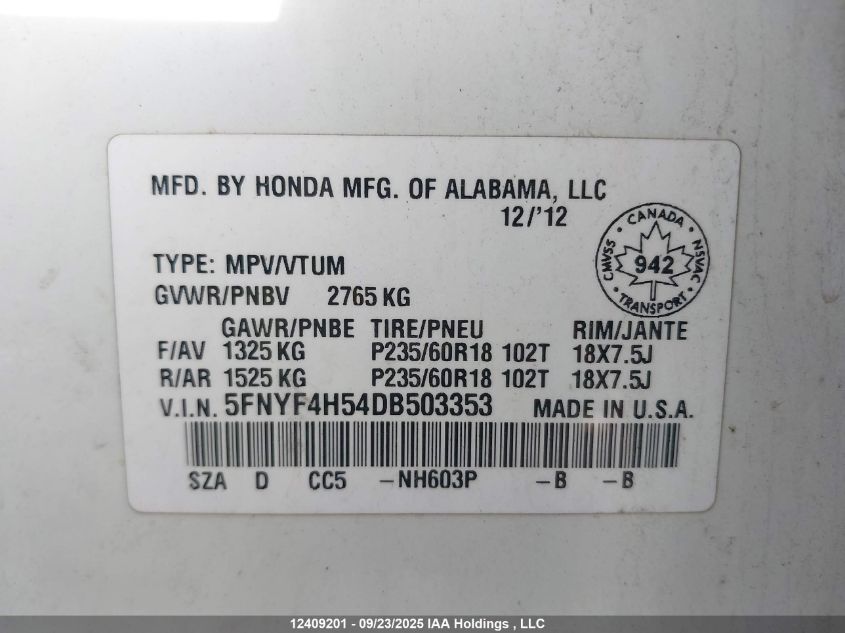 2013 Honda Pilot Exl VIN: 5FNYF4H54DB503353 Lot: 12409201