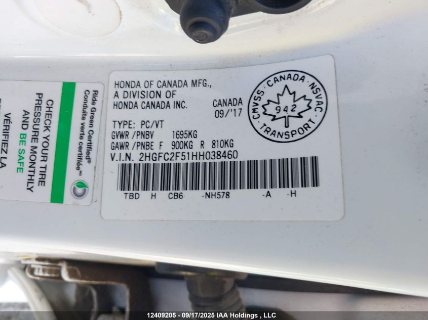 2017 Honda Civic Lx VIN: 2HGFC2F51HH038460 Lot: 12409205