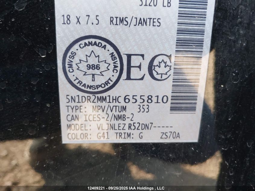 2017 Nissan Pathfinder Platinum/S/Sl/Sv VIN: 5N1DR2MM1HC655810 Lot: 12409221