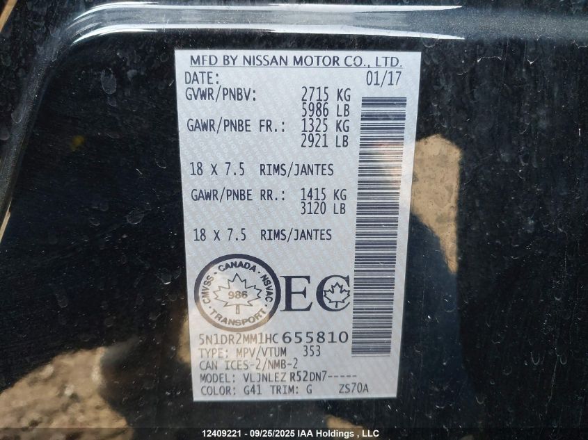 2017 Nissan Pathfinder Platinum/S/Sl/Sv VIN: 5N1DR2MM1HC655810 Lot: 12409221