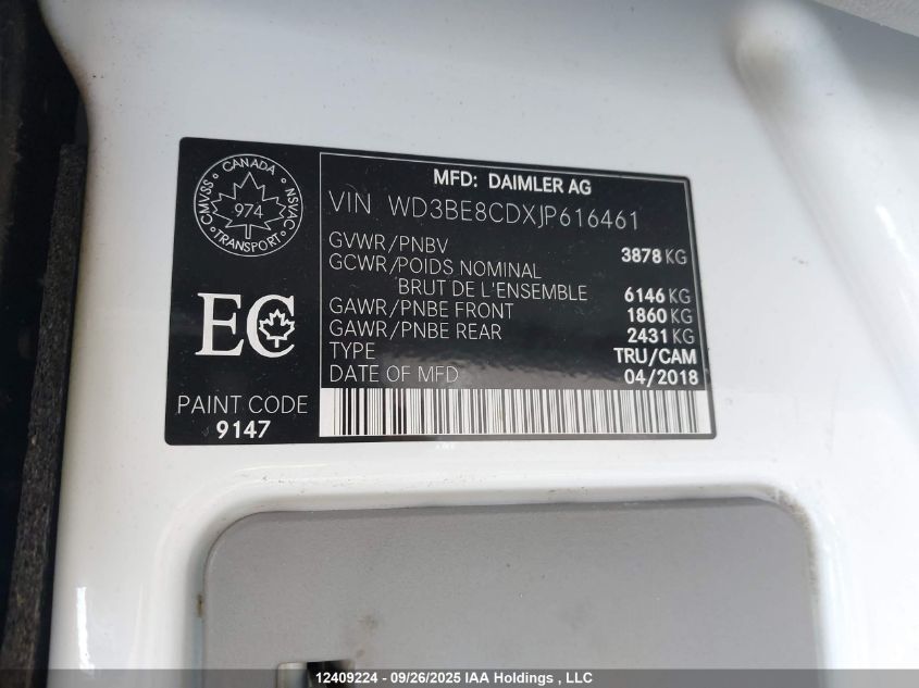 2018 Mercedes-Benz Sprinter 2500 High Roof V6 VIN: WD3BE8CDXJP616461 Lot: 12409224