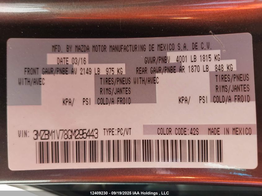 2016 Mazda 3 Touring VIN: 3MZBM1V78GM295443 Lot: 12409230
