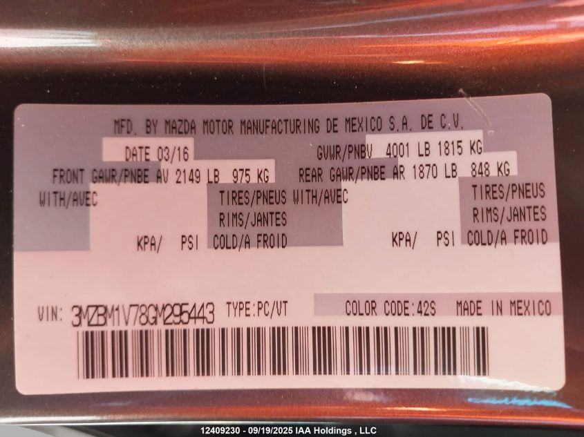 2016 Mazda 3 Touring VIN: 3MZBM1V78GM295443 Lot: 12409230