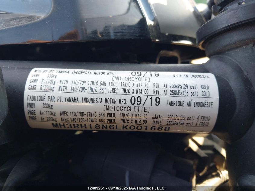 2020 Yamaha Yzfr3 A VIN: MH3RH18N6LK001668 Lot: 12409251