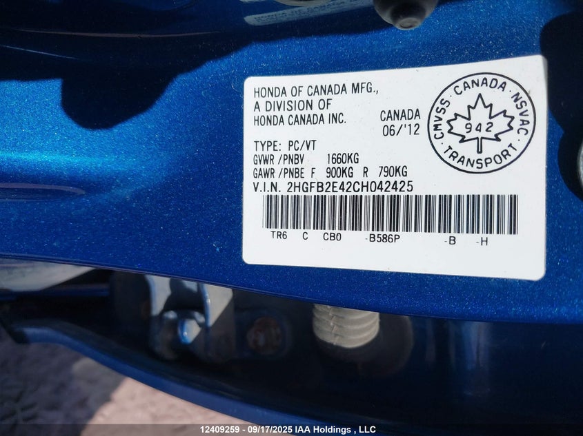 2HGFB2E42CH042425 2012 HONDA CIVIC photo no. 9
