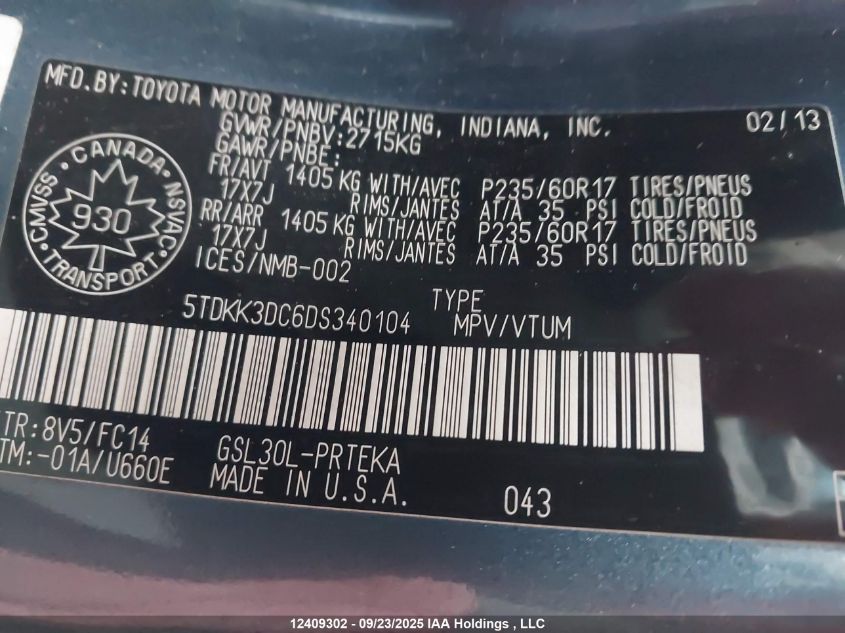 2013 Toyota Sienna Le V6 VIN: 5TDKK3DC6DS340104 Lot: 12409302