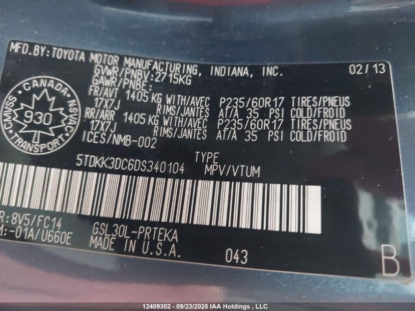 2013 Toyota Sienna Le V6 VIN: 5TDKK3DC6DS340104 Lot: 12409302