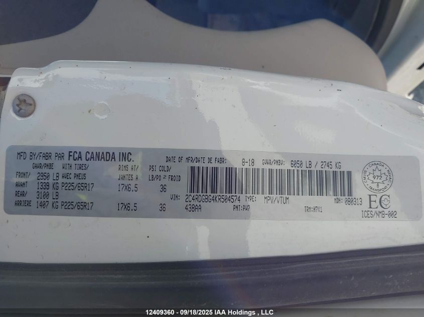 2019 Dodge Grand Caravan Se VIN: 2C4RDGBG4KR504574 Lot: 12409360