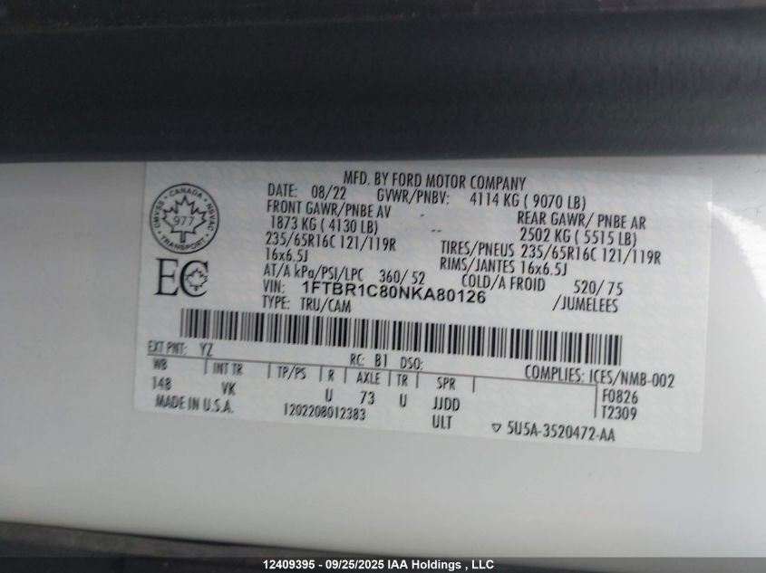 2022 Ford Transit T-250 VIN: 1FTBR1C80NKA80126 Lot: 12409395