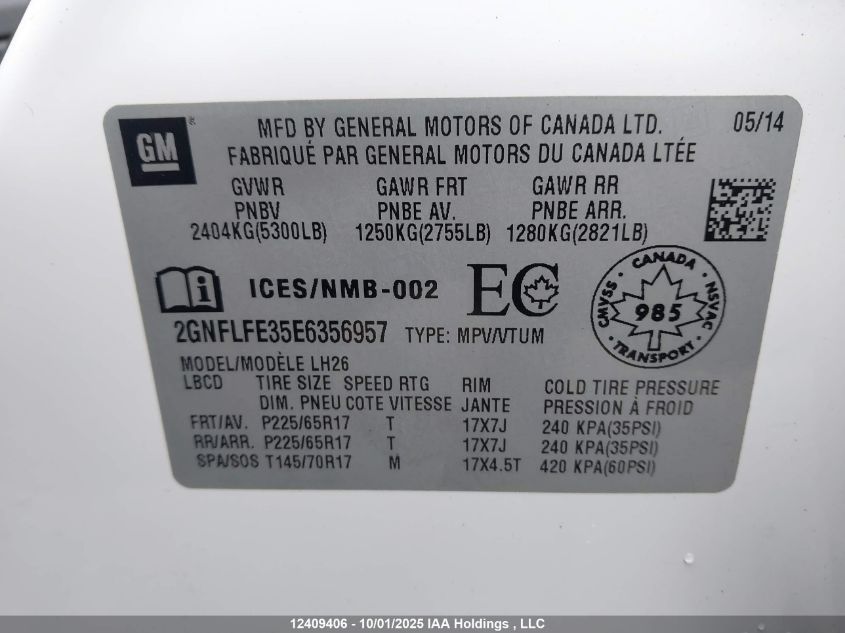 2014 Chevrolet Equinox Lt VIN: 2GNFLFE35E6356957 Lot: 12409406