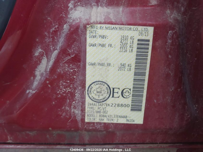 2014 Nissan Altima 2.5/S/Sv/Sl VIN: 1N4AL3AP7EN228800 Lot: 12409436