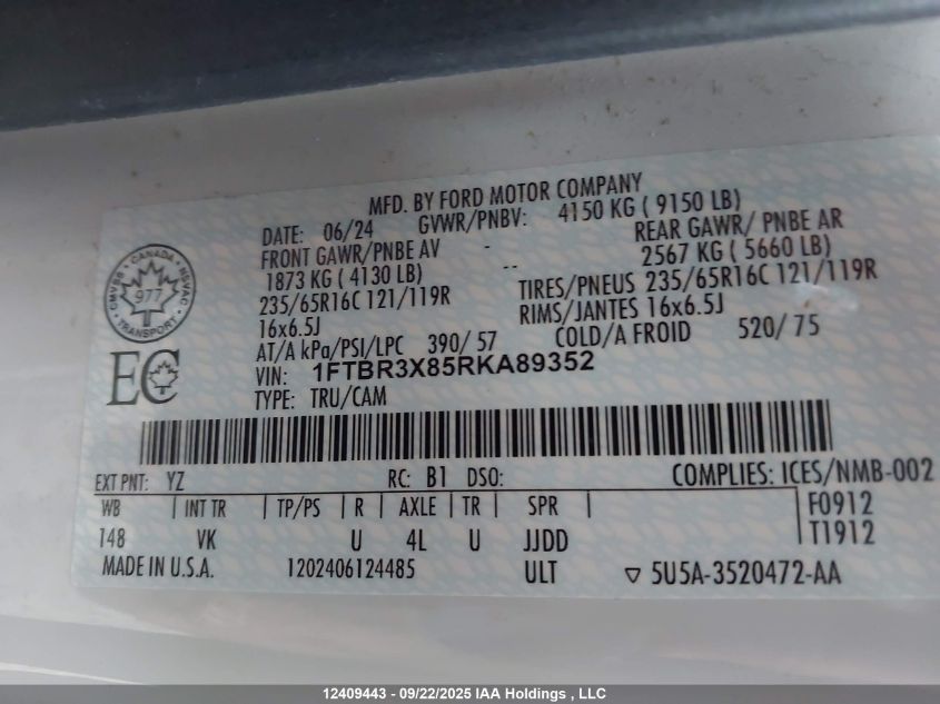 2024 Ford Transit T-250 VIN: 1FTBR3X85RKA89352 Lot: 12409443