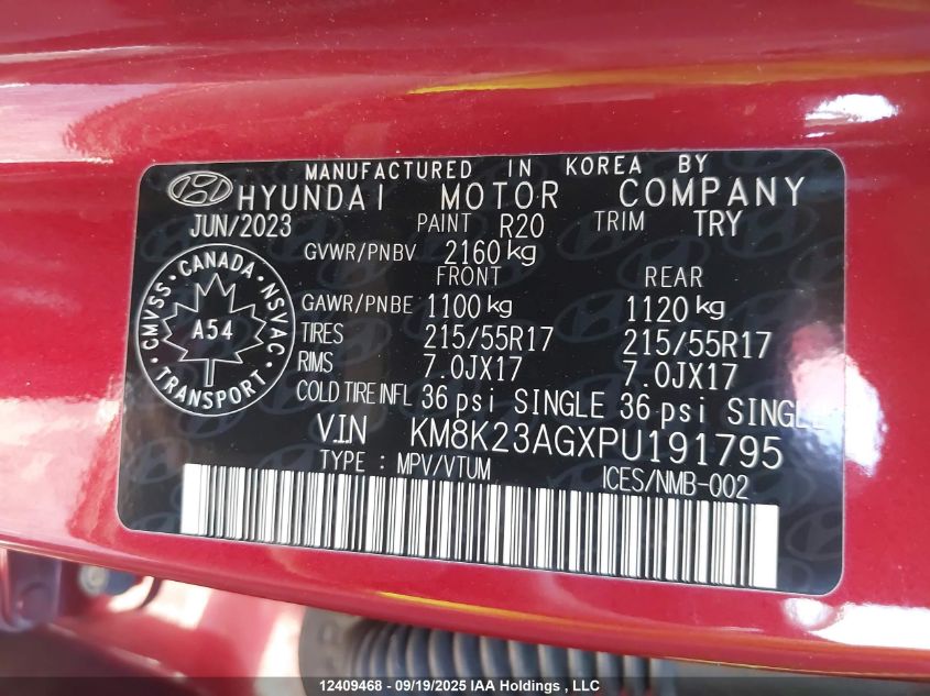 2023 Hyundai Kona Electric Preferred With Two-Tone Roof VIN: KM8K23AGXPU191795 Lot: 12409468