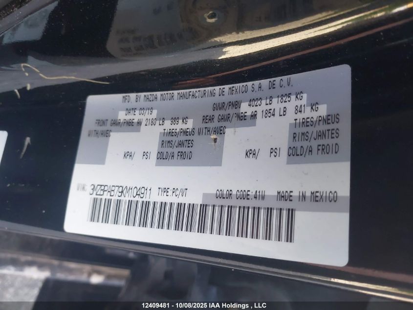 2019 Mazda 3 VIN: 3MZBPAB79KM104911 Lot: 12409481