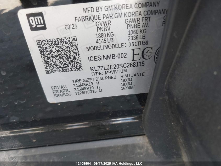 2025 Chevrolet Trax 2Rs Fwd VIN: KL77LJE20SC268115 Lot: 12409504