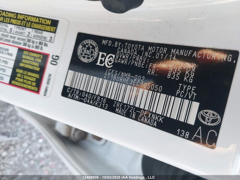 2014 Toyota Corolla L/Le/Le Pls/Prm/S/S Pls VIN: 2T1BURHE3EC105050 Lot: 12409505