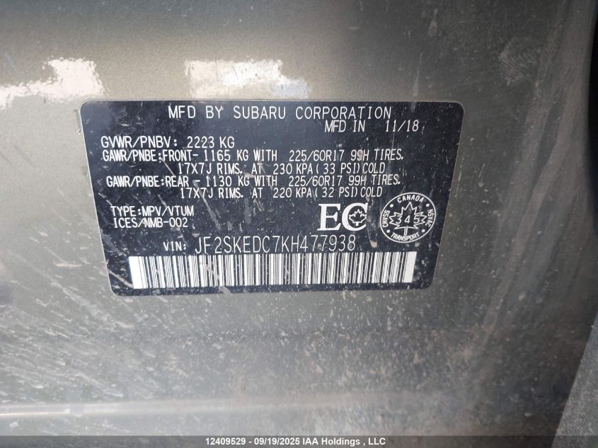 2019 Subaru Forester 2.5I Convenience VIN: JF2SKEDC7KH477938 Lot: 12409529