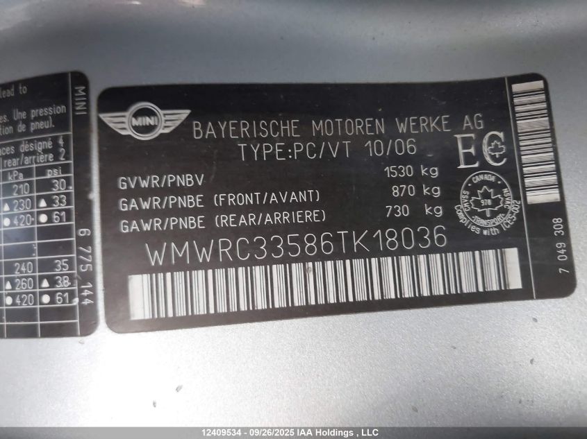 2006 Mini Cooper VIN: WMWRC33586TK18036 Lot: 12409534