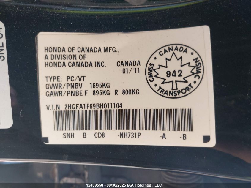 2011 Honda Civic VIN: 2HGFA1F69BH011104 Lot: 12409558