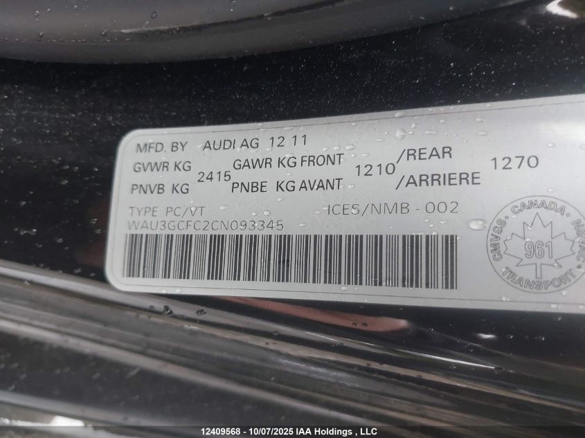 2012 Audi A7 Prestige VIN: WAU3GCFC2CN093345 Lot: 12409568