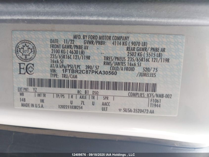 2023 Ford Transit T-250 VIN: 1FTBR2C87PKA30560 Lot: 12409576