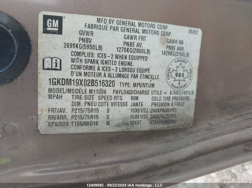 2002 GMC Safari Sl/Sle/Slt VIN: 1GKDM19X02B516320 Lot: 12409592