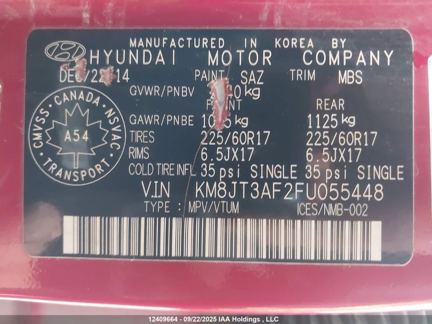 2015 Hyundai Tucson VIN: KM8JT3AF2FU055448 Lot: 12409664