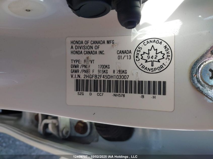 2013 Honda Civic VIN: 2HGFB2F45DH103007 Lot: 12409707
