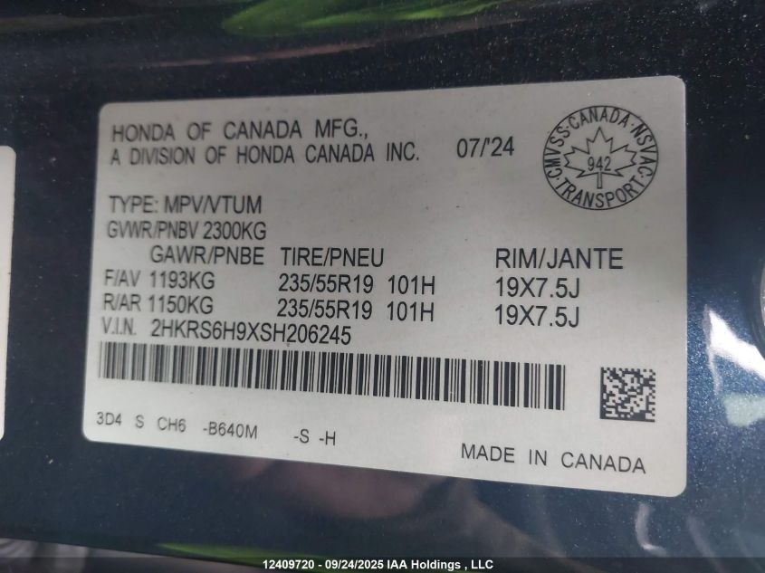 2025 Honda Cr-V Hybrid VIN: 2HKRS6H9XSH206245 Lot: 12409720